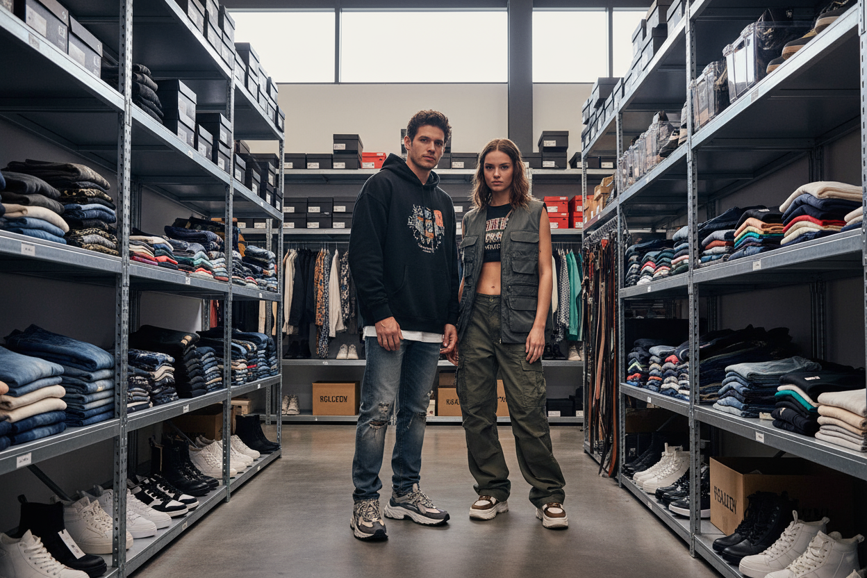 ciao mi serve che mi generi l'immagine di un magazzino pieno di roba da vestire e di un paio di modelli che utilizzano i capi all'interno del nostro invetario. impegnati l'immagine deve essere realistica e non finta. grazie!